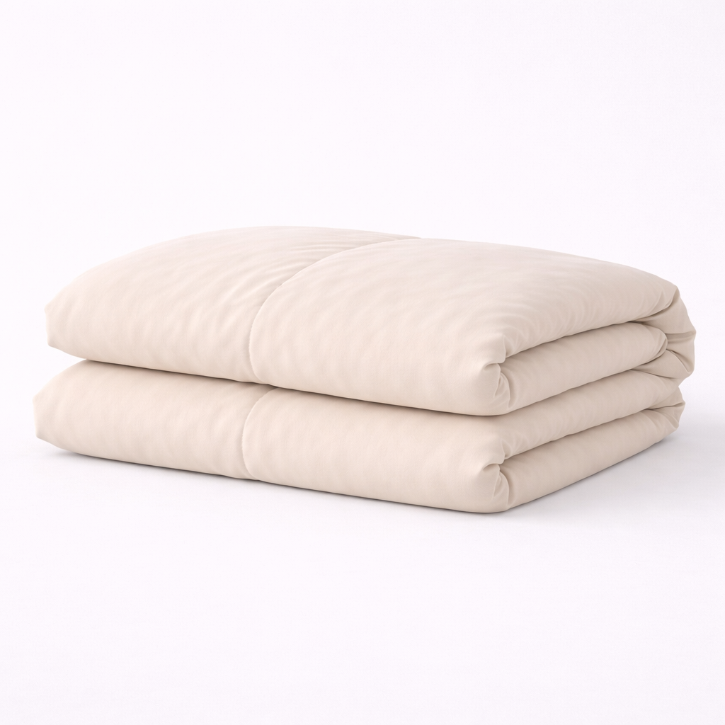 Folded Beige duvet in a white background