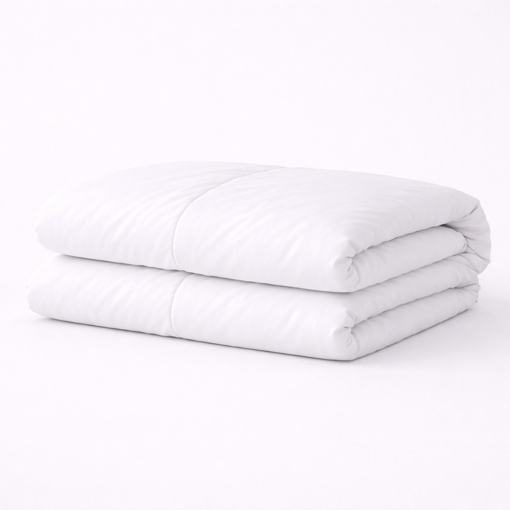 Folded white comforter on a white background