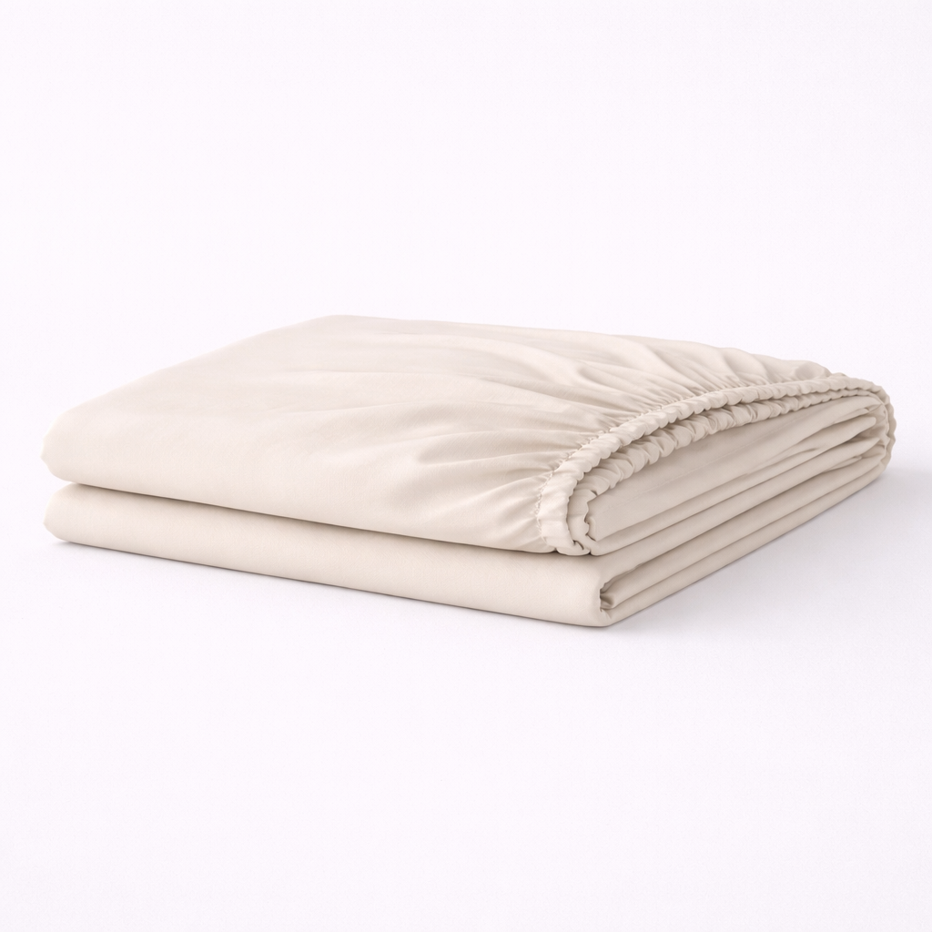Folded beige fitted sheet on a white background