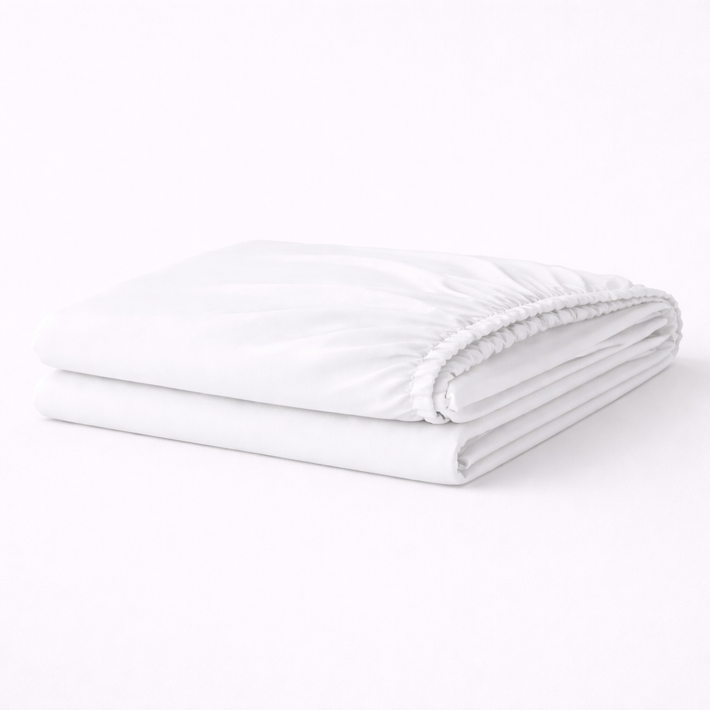 Folded white fitted sheet on a white background